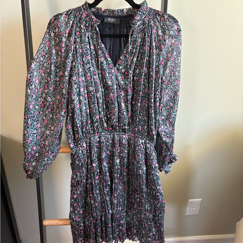 The Reset Blue and Purple A-line Mini Dress with Bishop Sleeves